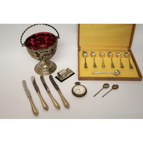 532 - A set of six of 800 standard coffee spoons, Georgian salt spoon together with pocket watches, silver... 