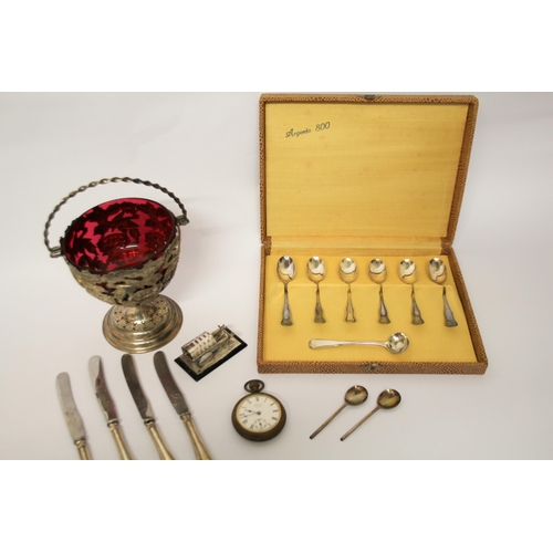 532 - A set of six of 800 standard coffee spoons, Georgian salt spoon together with pocket watches, silver... 