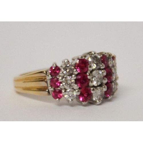 590 - 18ct gold ruby and diamond dress ring set with three rows of brilliant cut rubies and diamonds, gros... 