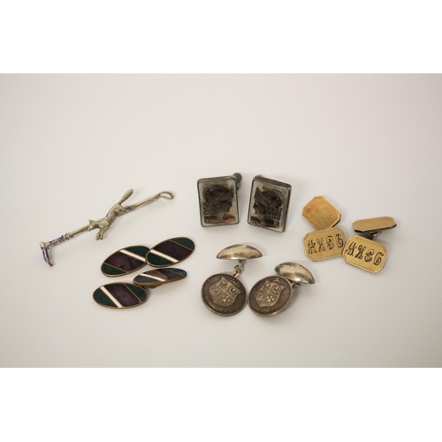 618 - A fox motif stock pin, 1991 Rugby World Cup silver cufflinks, three pairs of vintage silver cufflink... 