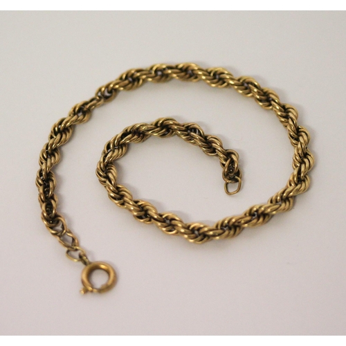 627 - 9ct gold rope twist chain bracelet. 3.6 grams