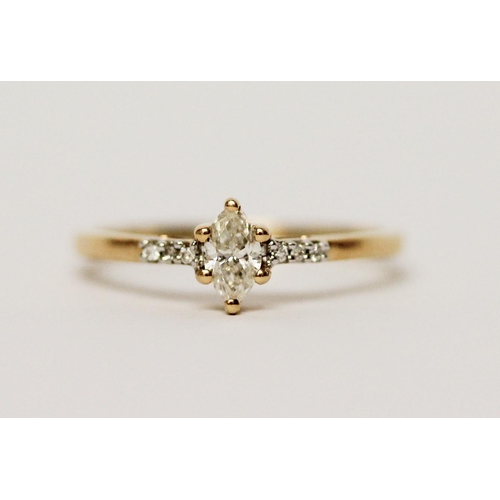 629 - 18ct yellow gold marquis diamond ring with diamond shoulders. Hallmarked ring size N