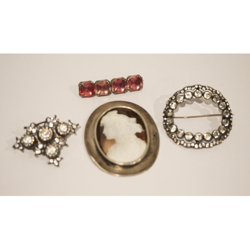 631 - Two 19th century paste brooches, a large silver framed cameo and a pink paste bar brooch