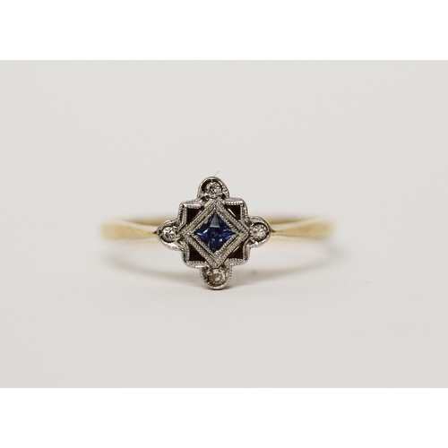 646 - An Art Deco sapphire and diamond panel ring, shank marked 18ct Plat. Ring size P