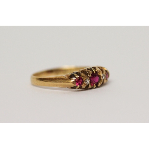 649 - Edwardian 18ct gold half hoop ring set with rubies and diamonds. Hallmarked, ring size M, weight 2.4... 