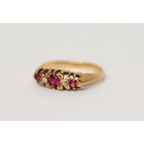 649 - Edwardian 18ct gold half hoop ring set with rubies and diamonds. Hallmarked, ring size M, weight 2.4... 