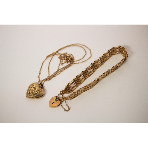 654 - 9ct yellow gold gate bracelet and a 9ct gold heart shaped locket on fine chain. Gross weight of lot ... 