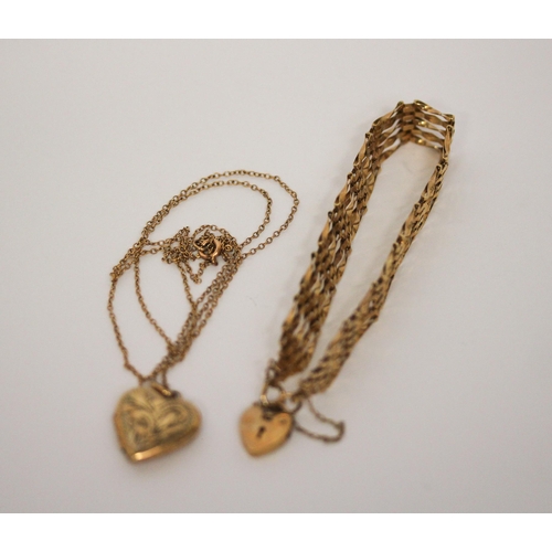 654 - 9ct yellow gold gate bracelet and a 9ct gold heart shaped locket on fine chain. Gross weight of lot ... 