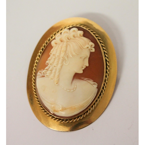 658 - Large oval carved shell cameo brooch, depicting a classical lady in profile, in hallmarked 18ct yell... 