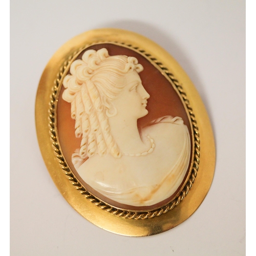 658 - Large oval carved shell cameo brooch, depicting a classical lady in profile, in hallmarked 18ct yell... 