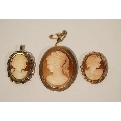 663 - A collection of three modern shell cameo brooches, all hallmarked or marked 375