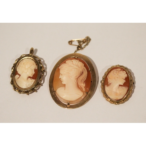 663 - A collection of three modern shell cameo brooches, all hallmarked or marked 375