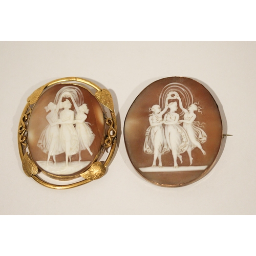 664 - Two large carved shell cameos carved with the Three Graces, both in yellow metal unmarked frames, ap... 