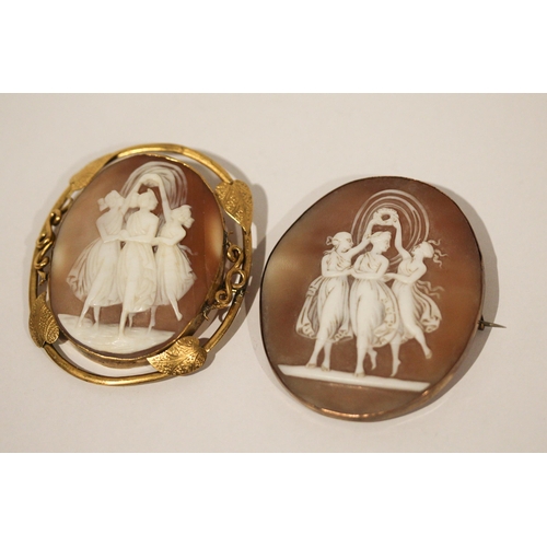 664 - Two large carved shell cameos carved with the Three Graces, both in yellow metal unmarked frames, ap... 