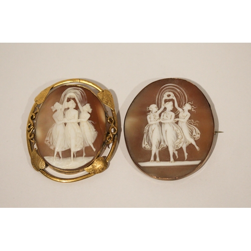 664 - Two large carved shell cameos carved with the Three Graces, both in yellow metal unmarked frames, ap... 