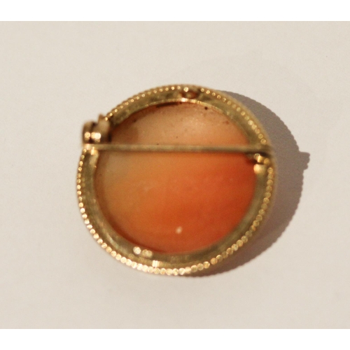 667 - A small circular carved shell cameo brooch, in hallmarked 9ct gold frame. 2.5 cms across