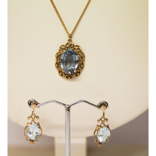 674 - 9ct gold blue topaz pedant on chain and a pair of matching drop earrings