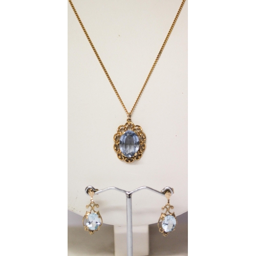 674 - 9ct gold blue topaz pedant on chain and a pair of matching drop earrings