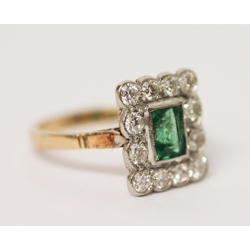 678 - Art Deco emerald and diamond rectangular cluster ring on 18ct yellow gold band, marked 18ct & plat, ... 