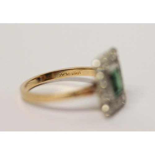 678 - Art Deco emerald and diamond rectangular cluster ring on 18ct yellow gold band, marked 18ct & plat, ... 