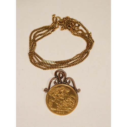 683 - 1911 George V half sovereign mounted as a pendant with 9ct gold chain, 7.5gms