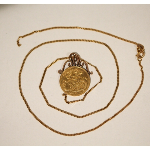 683 - 1911 George V half sovereign mounted as a pendant with 9ct gold chain, 7.5gms