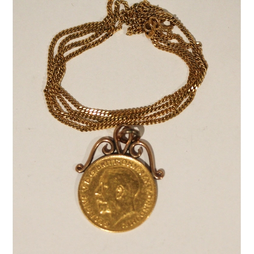 683 - 1911 George V half sovereign mounted as a pendant with 9ct gold chain, 7.5gms