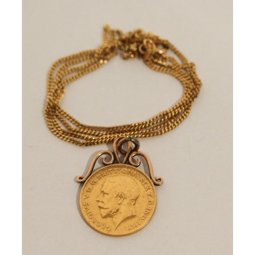 683 - 1911 George V half sovereign mounted as a pendant with 9ct gold chain, 7.5gms