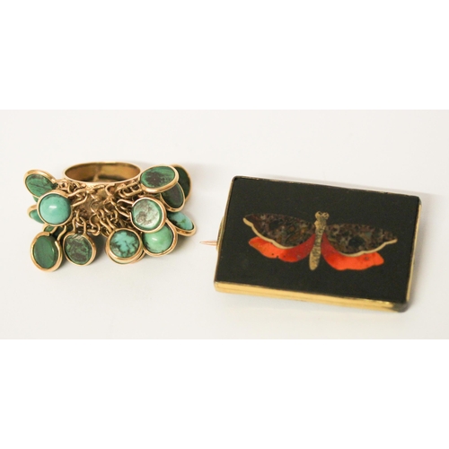 685 - Unusual Eastern turquoise cluster and gold ring with a pietra dura butterfly brooch