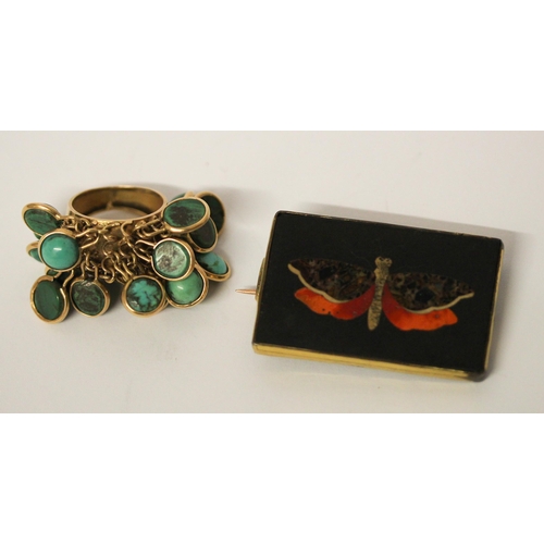 685 - Unusual Eastern turquoise cluster and gold ring with a pietra dura butterfly brooch