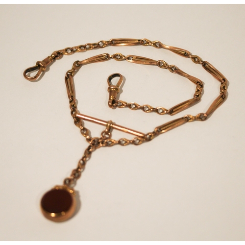 687 - 9ct rose gold fancy link Albert chain with T-bar and hard stone fob, gross weight 13.8gms