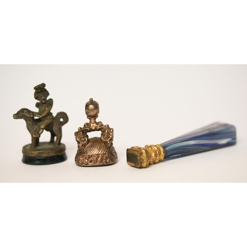 688 - Mr Punch hardstone fob, carved citrine intaglio fob and a desk seal