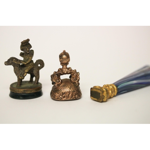 688 - Mr Punch hardstone fob, carved citrine intaglio fob and a desk seal