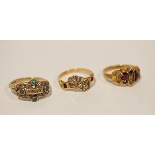 691 - Two antique 15ct gold rings and a 9ct gold seed pearl and turquoise ring