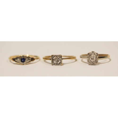 692 - A collection of three 18ct gold vintage rings set with diamonds and sapphire