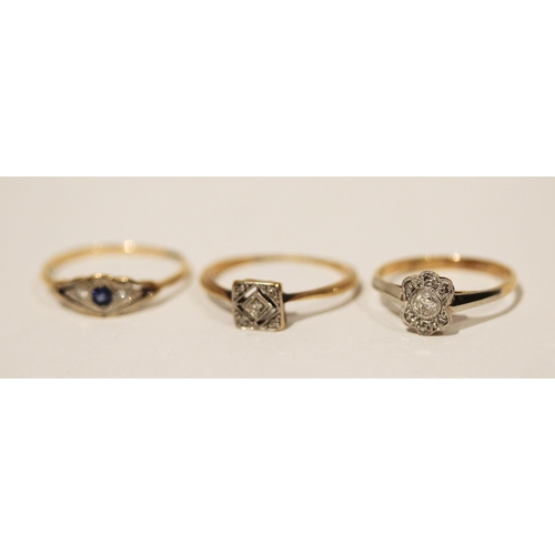 692 - A collection of three 18ct gold vintage rings set with diamonds and sapphire