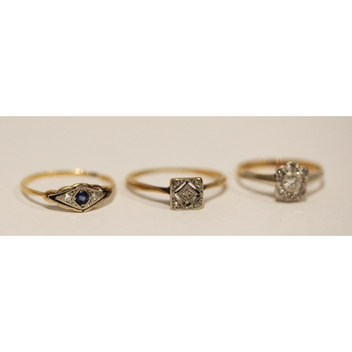 692 - A collection of three 18ct gold vintage rings set with diamonds and sapphire