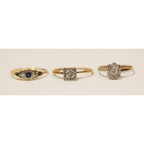 692 - A collection of three 18ct gold vintage rings set with diamonds and sapphire