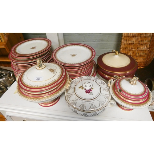 349 - Various Worcester red and gilt bordered plates, tureens etc