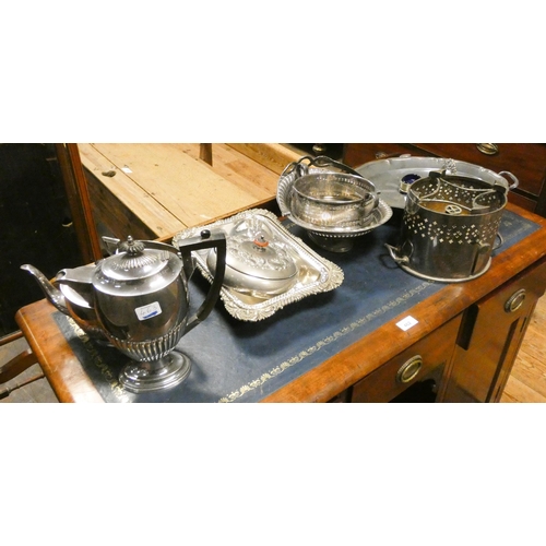 463 - Three piece half fluted plated tea set, spirit burner, hotplate, entrée dishes etc