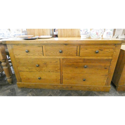 1 - Modern golden oak chunky combination chest of seven drawers, approx 5' wide