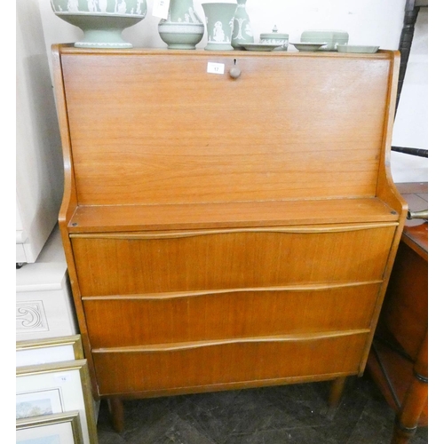 17 - Retro teak bureau, fall flap, three drawers under on cylindrical legs