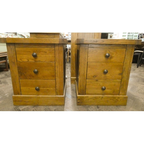 2 - Modern golden oak chunky pair of bedside cabinets each fitted three drawers