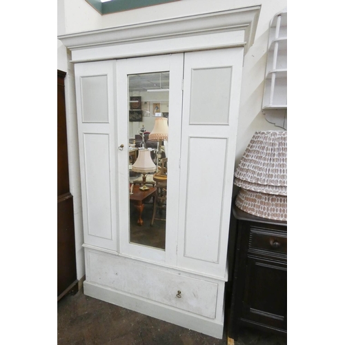 23 - Vintage painted pine single mirrored door wardrobe with drawer in the base