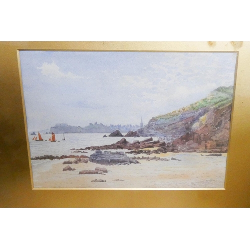 27 - Edwardian watercolour of sheep grazing on heather and another watercolour of a coastline, both frame... 