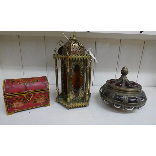 31 - Moroccan style brass hanging lantern , similar metal and ruby glass mounted bowl and cover and a jew... 