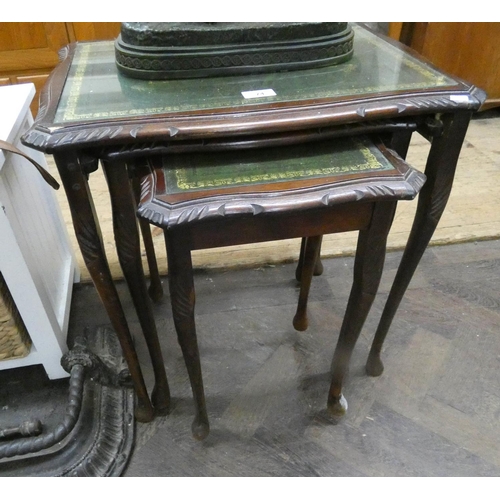 74 - Nest of three mahogany coffee tables with inset leathers and glass tops