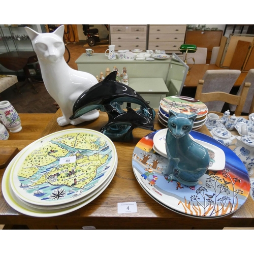 85 - Poole Pottery - blue moon dolphins, cat ornaments, three map plates to include Isle of Wight map pla... 