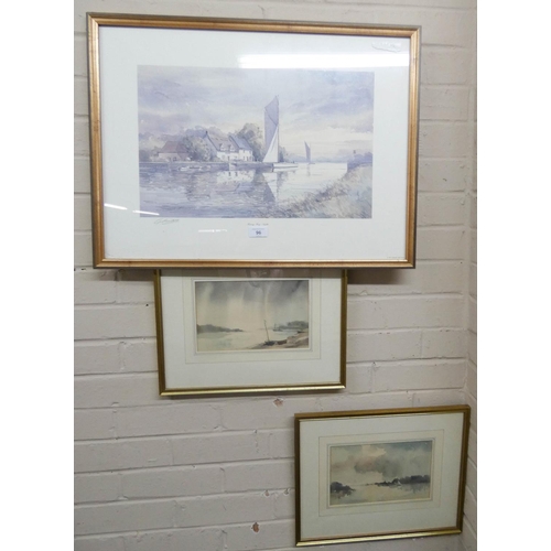 96 - Pair of watercolours of Norfolk scenes and a framed print of Horning Ferry Norfolk signed Graham How... 