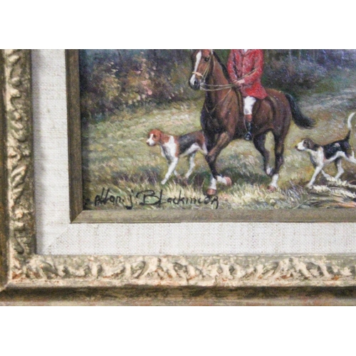 232 - Allan J Blackmoor - a contemporary oil on panel of a hunting scene in an ornate gilt frame, signed l... 